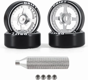 New 4 Pcs Rc Car Drift Wheels with Logo Tires for 1/28 Wltoys K969 K989 K929, [2N 2W] 4 Spoke Durable Aluminum Alloy Rc Drift Car Tires for 1/24 1/28 Mini-Q HGD1 HGV1 Upgrade Parts (Silver)