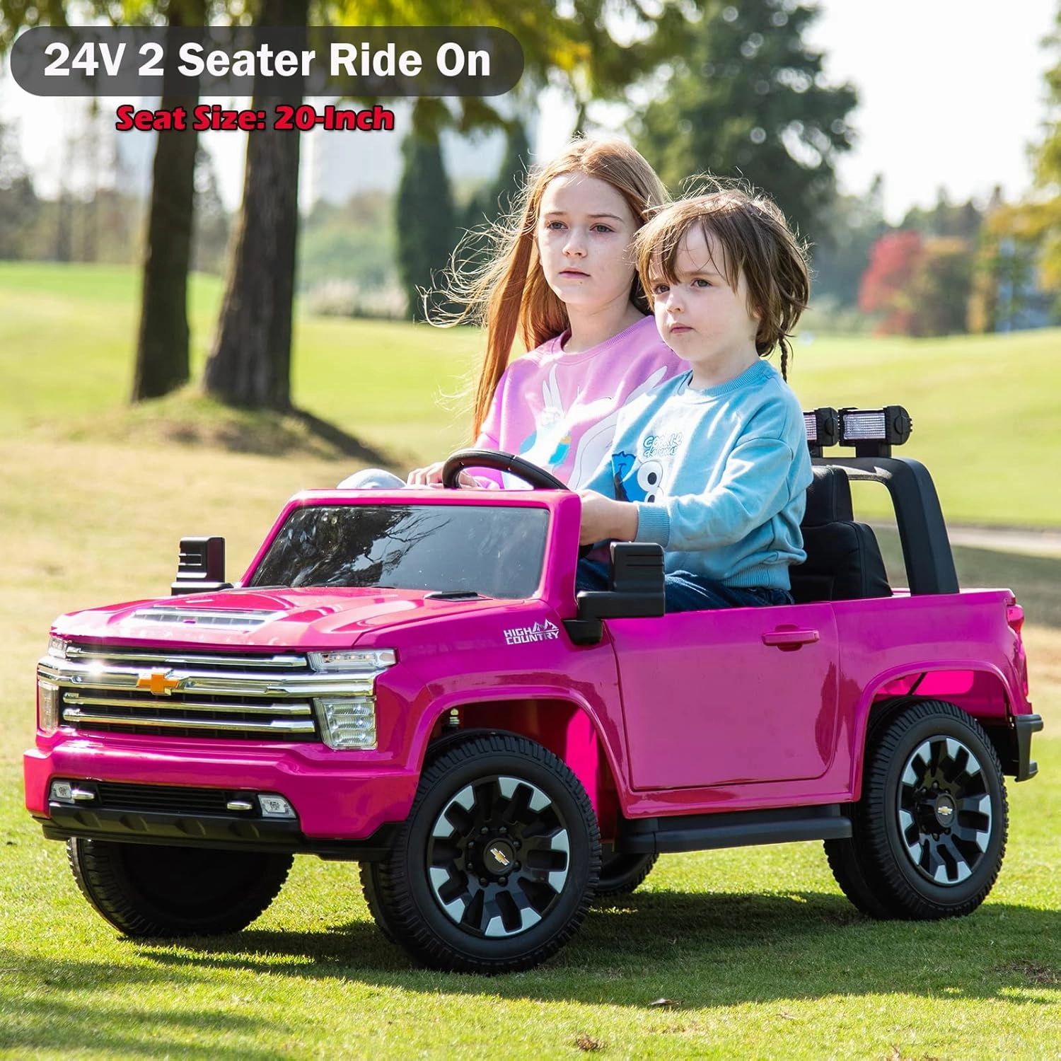 NEWQIDA 24V Licensed Chevrolet Silverado HD Pickup Truck Ride On Car with Remote Control 4x4 Kids Electric Power Vehicles Wheels 2 Seater Ride on Toys for Boys Girls, EVA Tires, Music, Rose Pink
