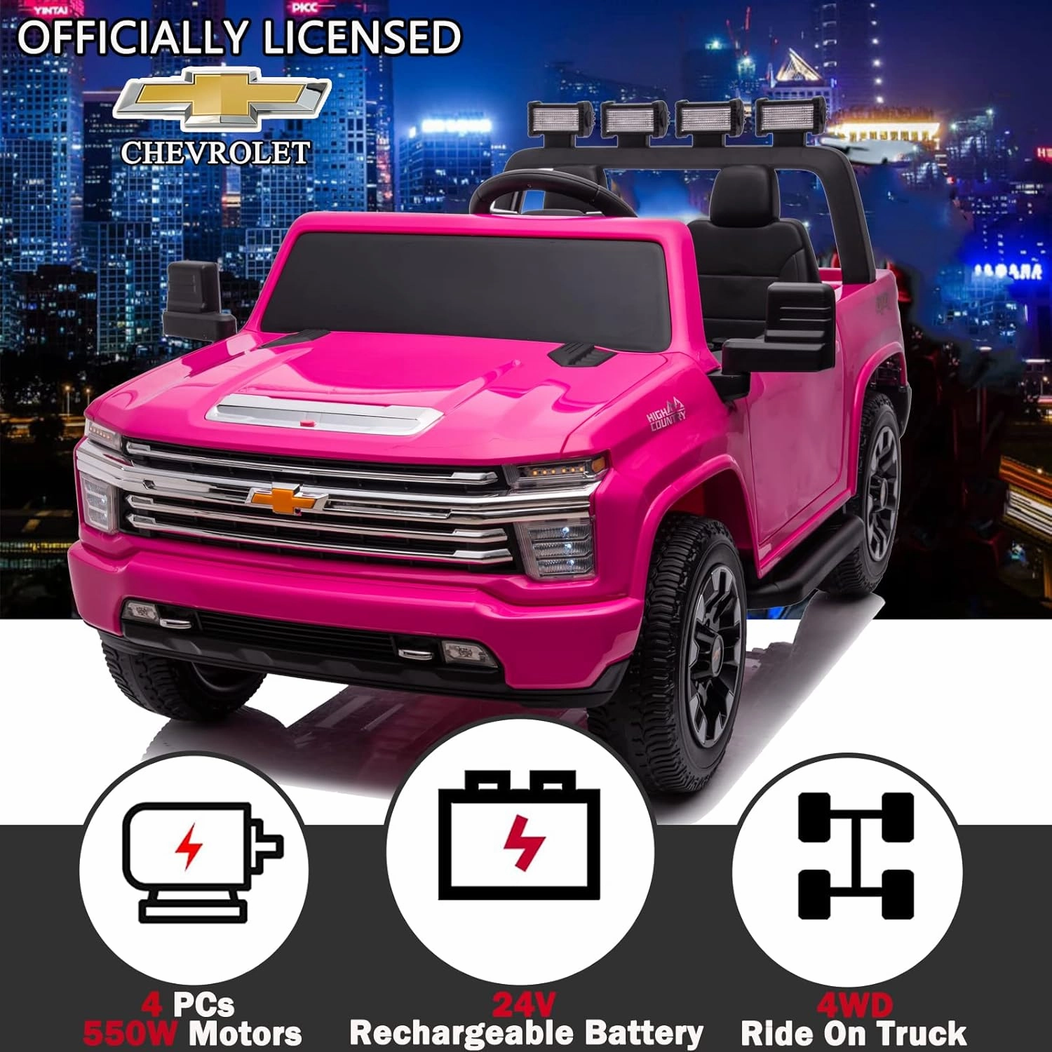 NEWQIDA 24V Licensed Chevrolet Silverado HD Pickup Truck Ride On Car with Remote Control 4x4 Kids Electric Power Vehicles Wheels 2 Seater Ride on Toys for Boys Girls, EVA Tires, Music, Rose Pink