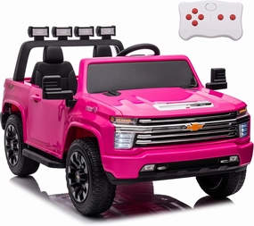 NEWQIDA 24V Licensed Chevrolet Silverado HD Pickup Truck Ride On Car with Remote Control 4x4 Kids Electric Power Vehicles Wheels 2 Seater Ride on Toys for Boys Girls, EVA Tires, Music, Rose Pink