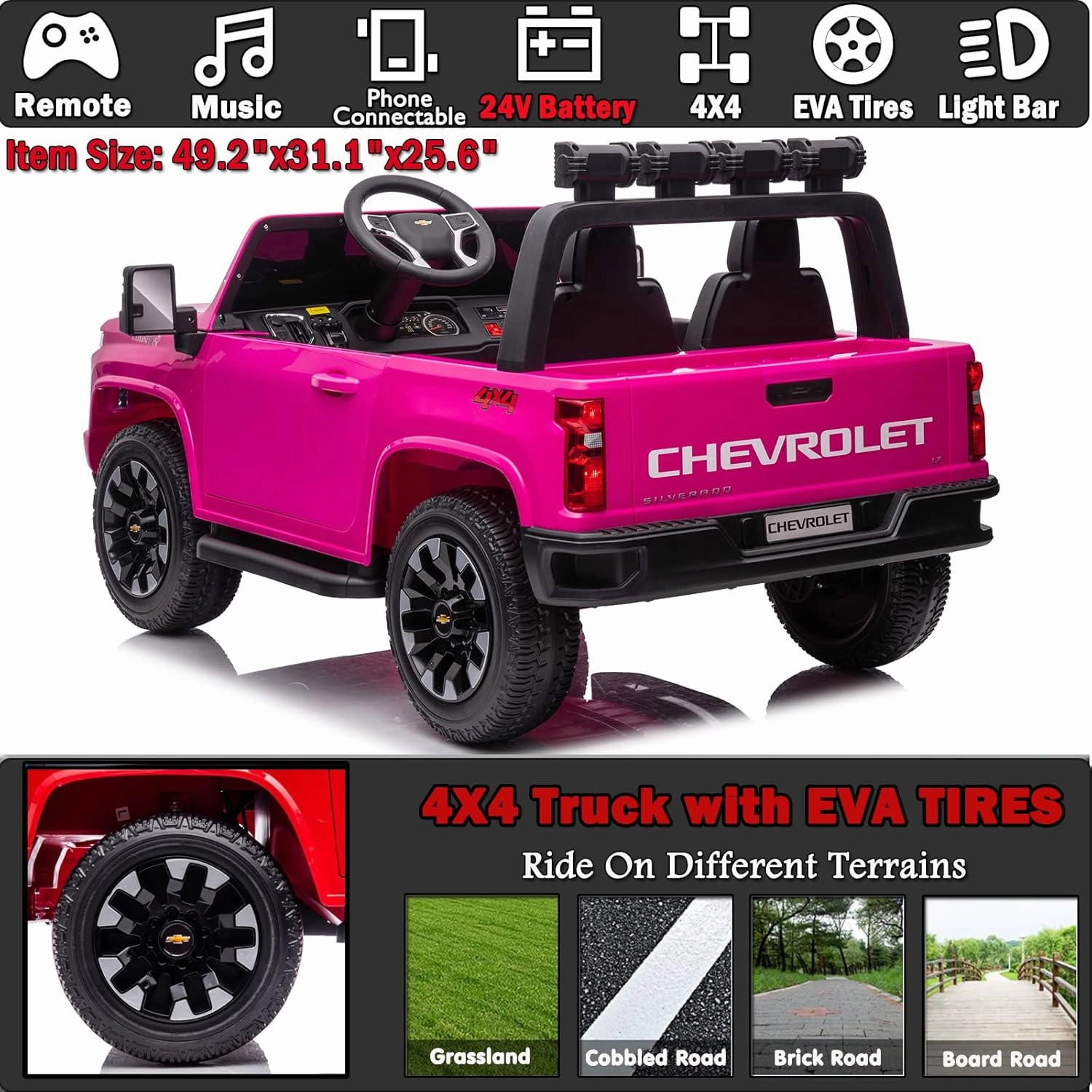 NEWQIDA 24V Licensed Chevrolet Silverado HD Pickup Truck Ride On Car with Remote Control 4x4 Kids Electric Power Vehicles Wheels 2 Seater Ride on Toys for Boys Girls, EVA Tires, Music, Rose Pink