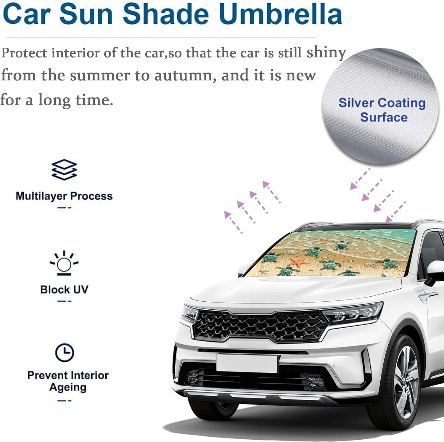 Ocean Sea Turtle Umbrella Sunshade for Car, SUV, Trucks - Foldable Reflective Sunshade (57 x 31 in) Blocks UV Rays, Keeps Vehicle Cool