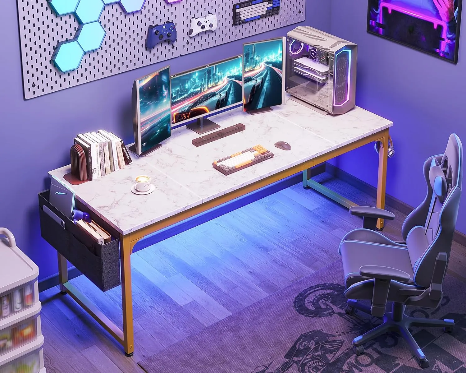 ODK Computer Desk Large Office Desk, 63 Inch Gaming Desk with Storage, Modern PC Desk Work Table with Headphone Hook for Home Office, Splice Board, White Marble   Gold Leg