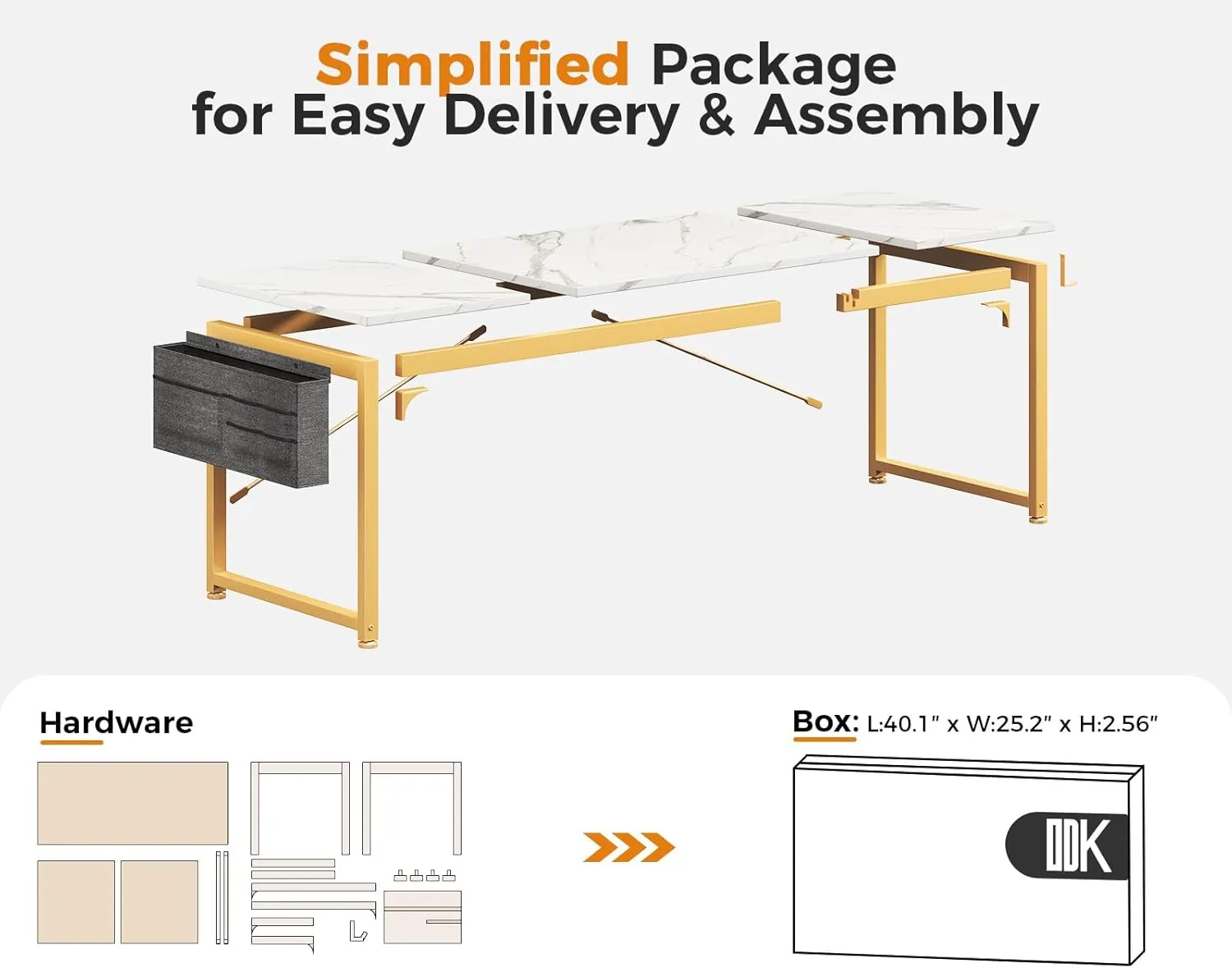 ODK Computer Desk Large Office Desk, 63 Inch Gaming Desk with Storage, Modern PC Desk Work Table with Headphone Hook for Home Office, Splice Board, White Marble   Gold Leg