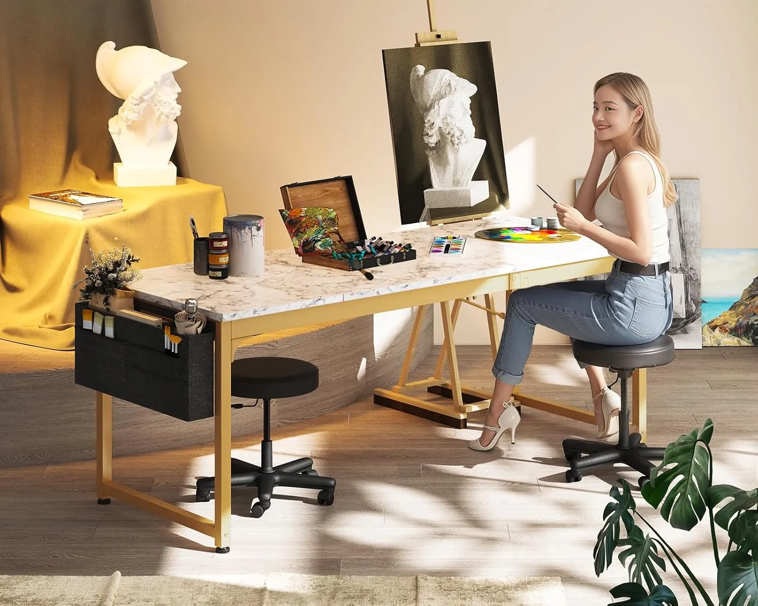 ODK Computer Desk Large Office Desk, 63 Inch Gaming Desk with Storage, Modern PC Desk Work Table with Headphone Hook for Home Office, Splice Board, White Marble   Gold Leg