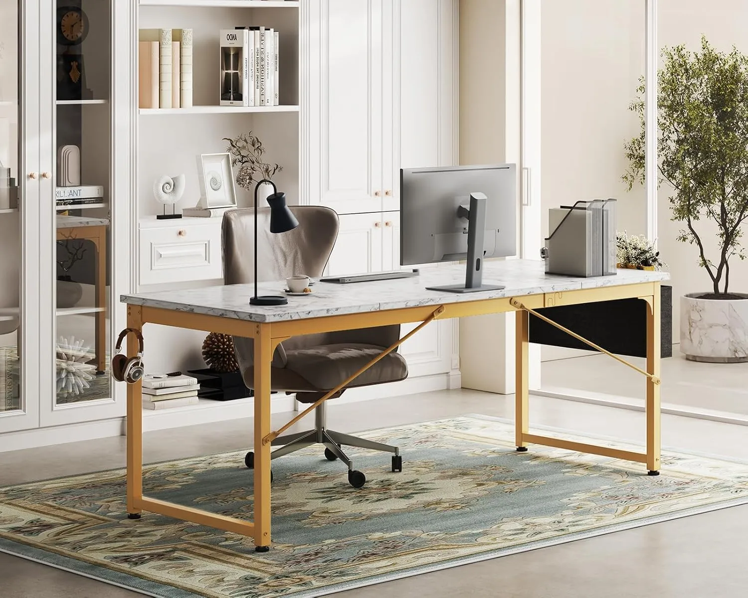 ODK Computer Desk Large Office Desk, 63 Inch Gaming Desk with Storage, Modern PC Desk Work Table with Headphone Hook for Home Office, Splice Board, White Marble   Gold Leg