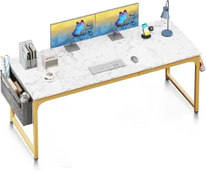 ODK Computer Desk Large Office Desk, 63 Inch Gaming Desk with Storage, Modern PC Desk Work Table with Headphone Hook for Home Office, Splice Board, White Marble   Gold Leg
