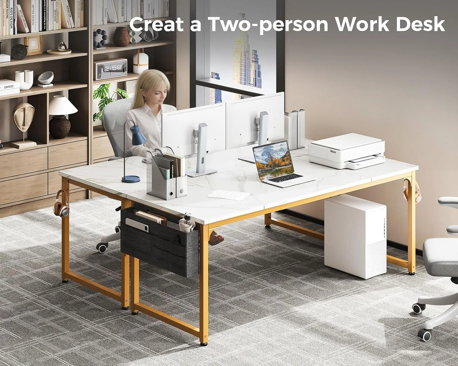ODK Computer Desk Large Office Desk, 63 Inch Gaming Desk with Storage, Modern PC Desk Work Table with Headphone Hook for Home Office, Splice Board, White Marble   Gold Leg