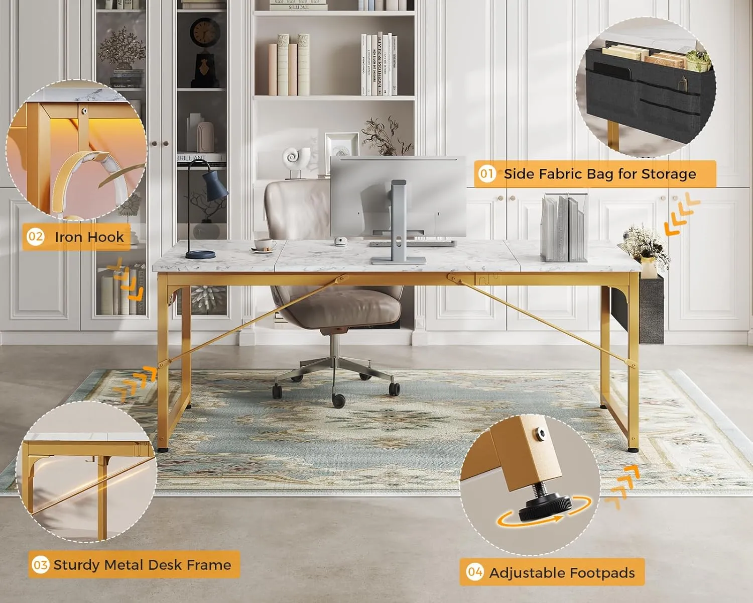 ODK Computer Desk Large Office Desk, 63 Inch Gaming Desk with Storage, Modern PC Desk Work Table with Headphone Hook for Home Office, Splice Board, White Marble   Gold Leg