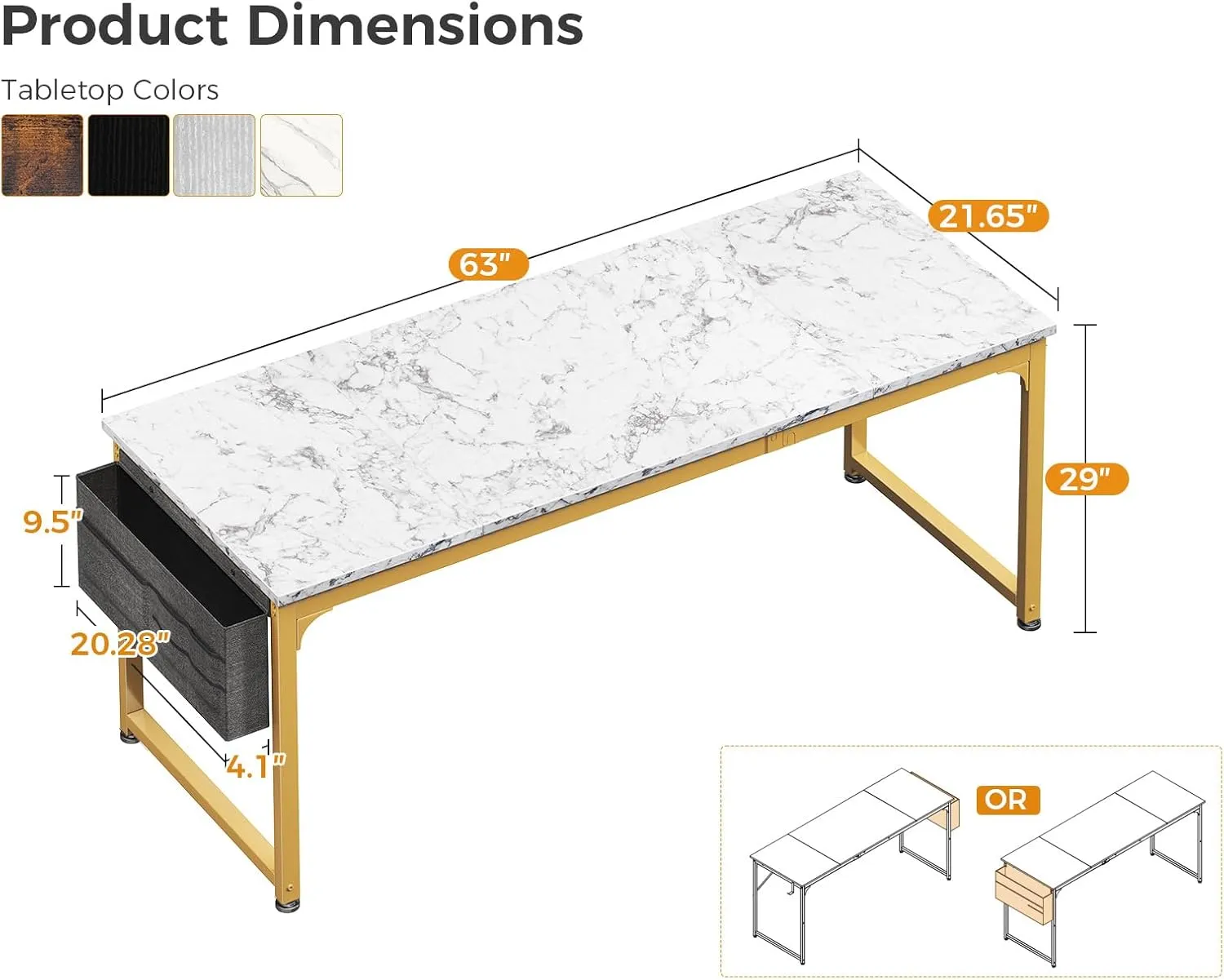 ODK Computer Desk Large Office Desk, 63 Inch Gaming Desk with Storage, Modern PC Desk Work Table with Headphone Hook for Home Office, Splice Board, White Marble   Gold Leg