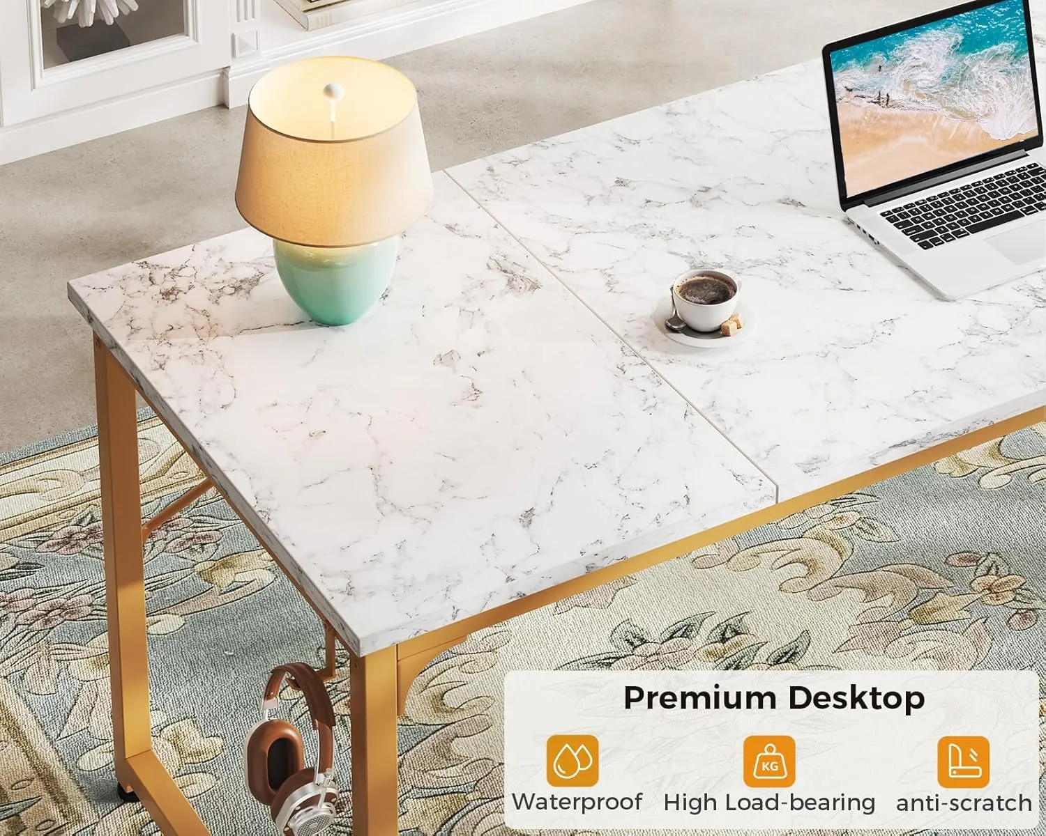 ODK Computer Desk Large Office Desk, 63 Inch Gaming Desk with Storage, Modern PC Desk Work Table with Headphone Hook for Home Office, Splice Board, White Marble   Gold Leg