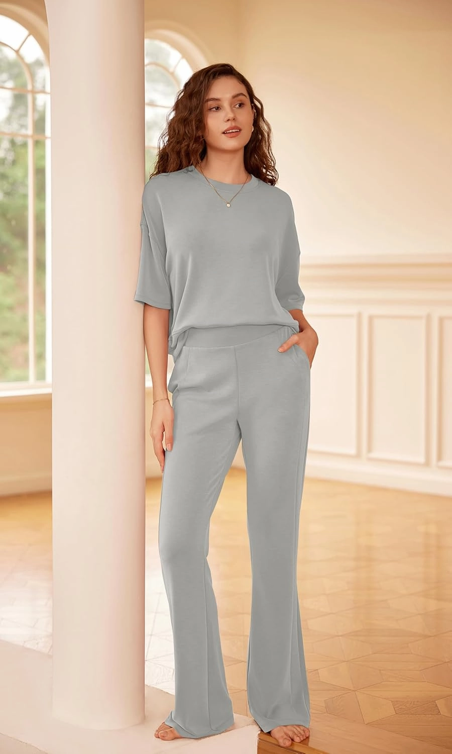 ODODOS Women's Modal Soft Mini Flared Pants with Pockets High Waist Pull-On Casual Lounge Pants-29/31" Inseam