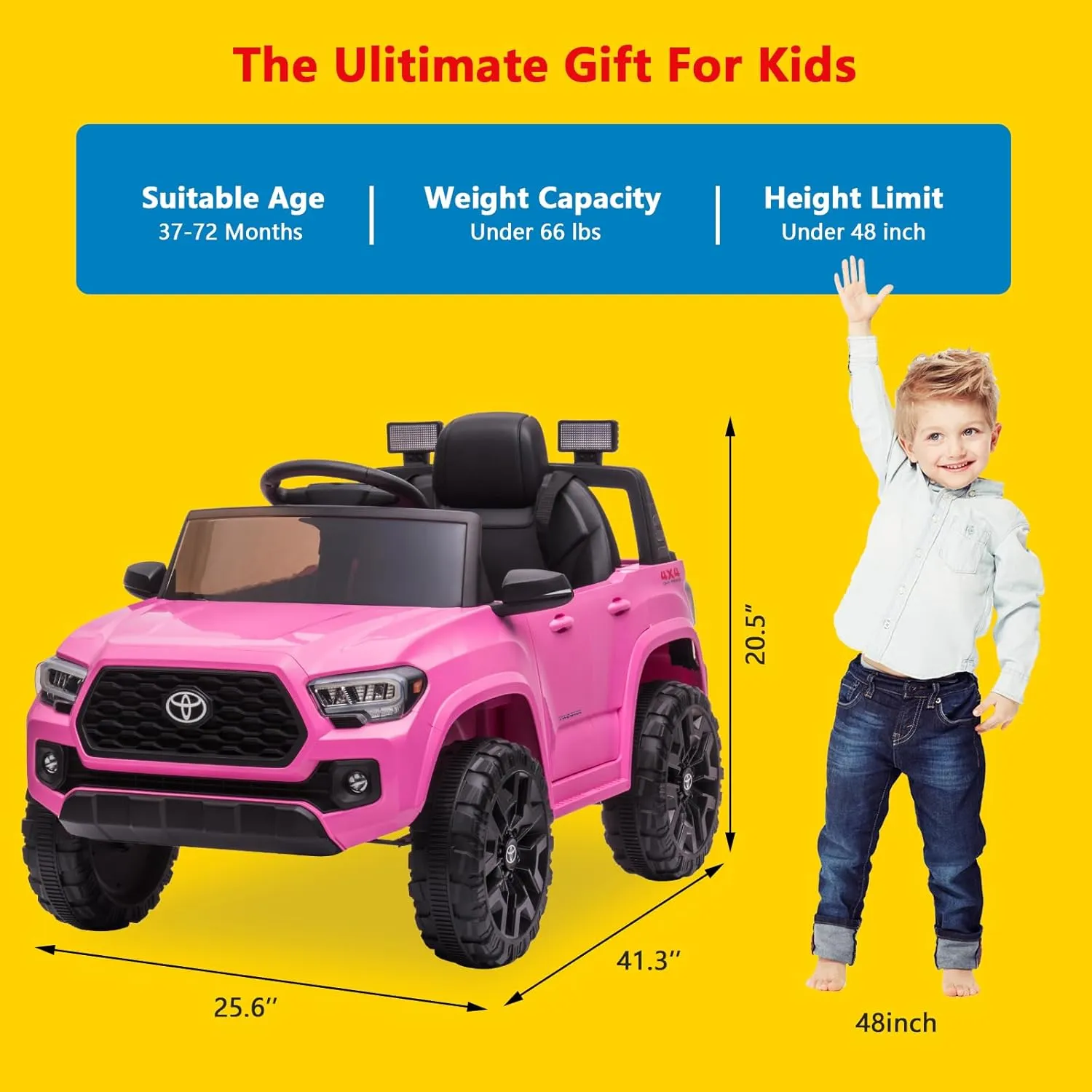 Officially Licensed Toyota Tacoma Car, 12V Battery Powered Electric Car with Remote Control, Spring Suspension Safety Belt, 2-Speed Ride On Toy Car with Headlights, for 37-96 Months (Pink)
