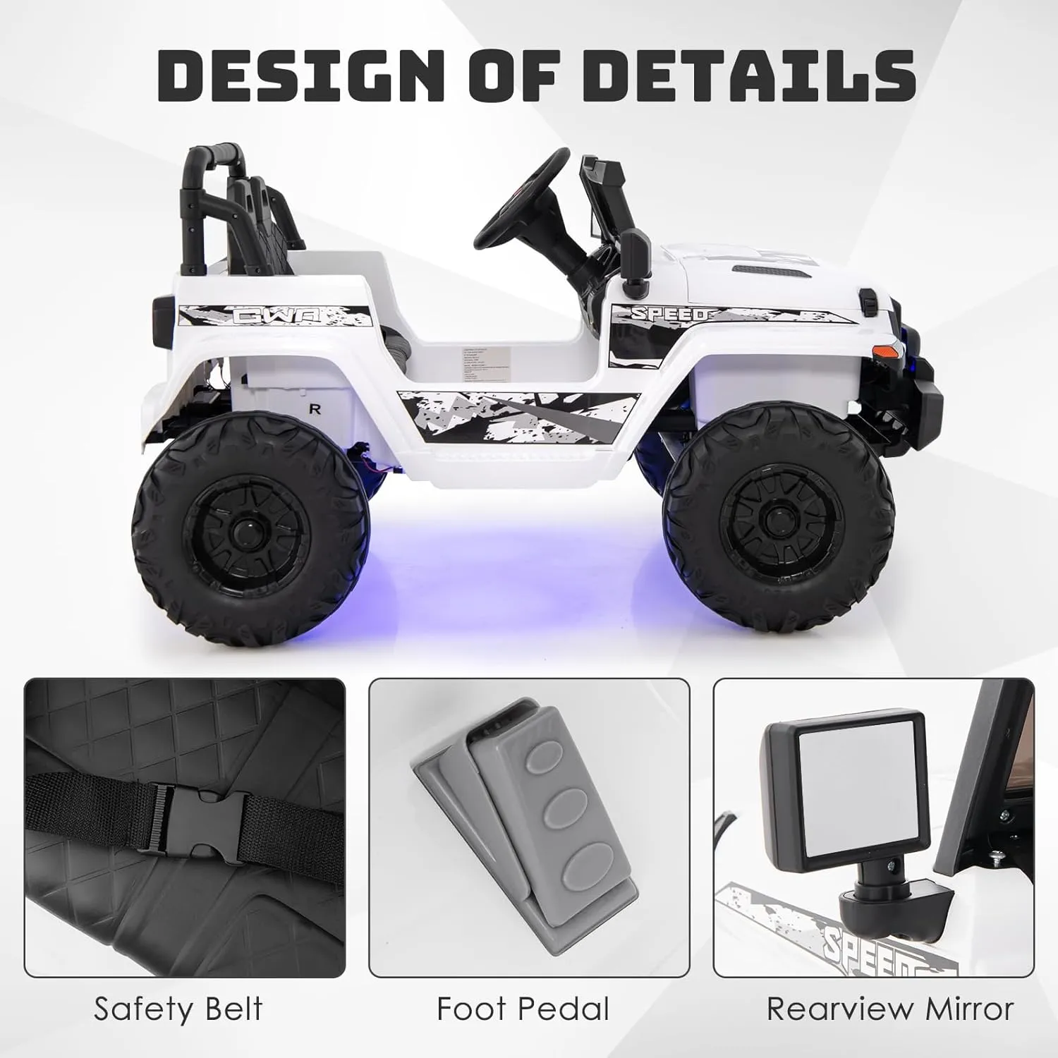 OLAKIDS Kids Ride on Truck, 12V Electric Vehicle with Remote Control, Battery Powered Toddler Car with Music, Horn, 3 Speeds, LED Lights, Bluetooth, USB, Radio (White)