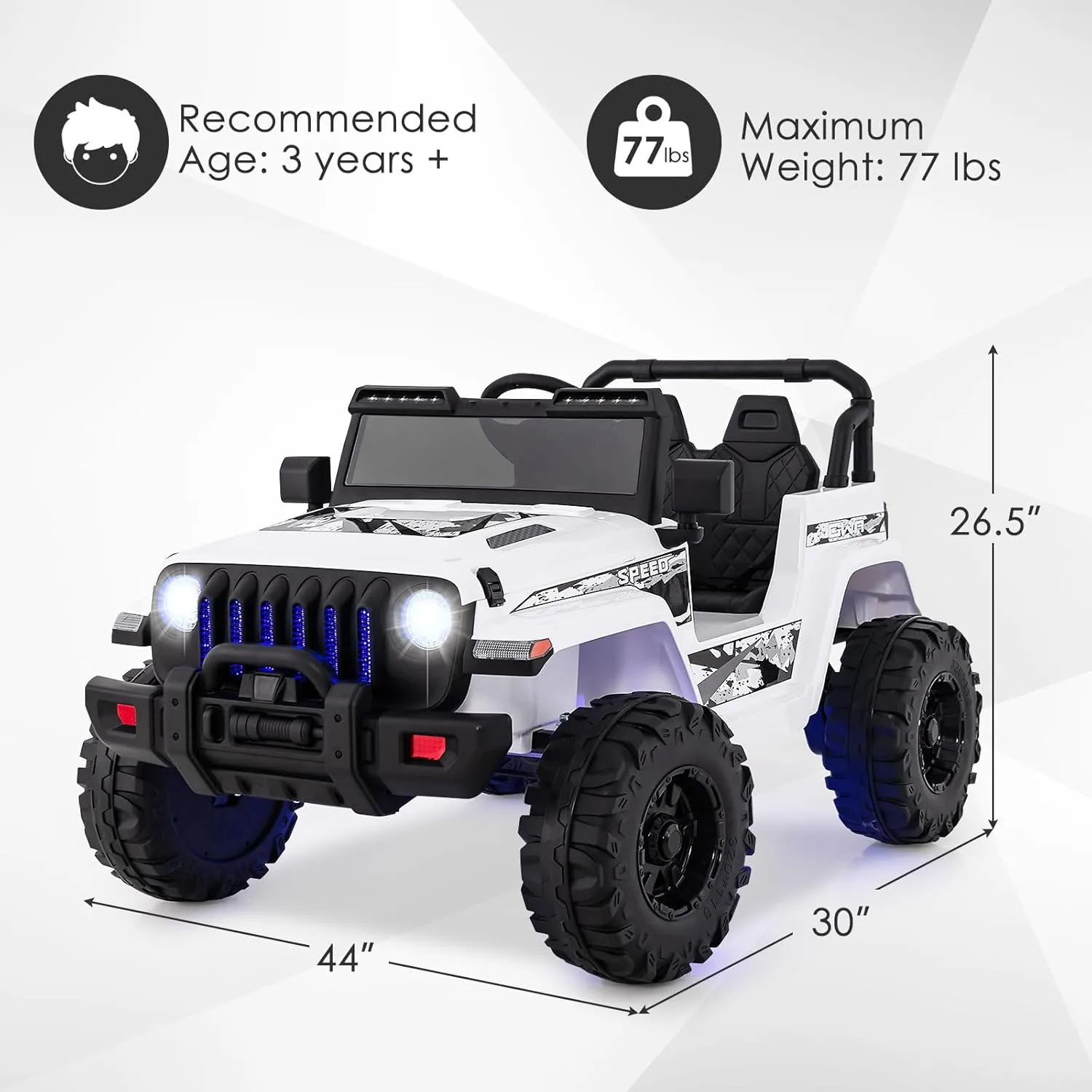 OLAKIDS Kids Ride on Truck, 12V Electric Vehicle with Remote Control, Battery Powered Toddler Car with Music, Horn, 3 Speeds, LED Lights, Bluetooth, USB, Radio (White)