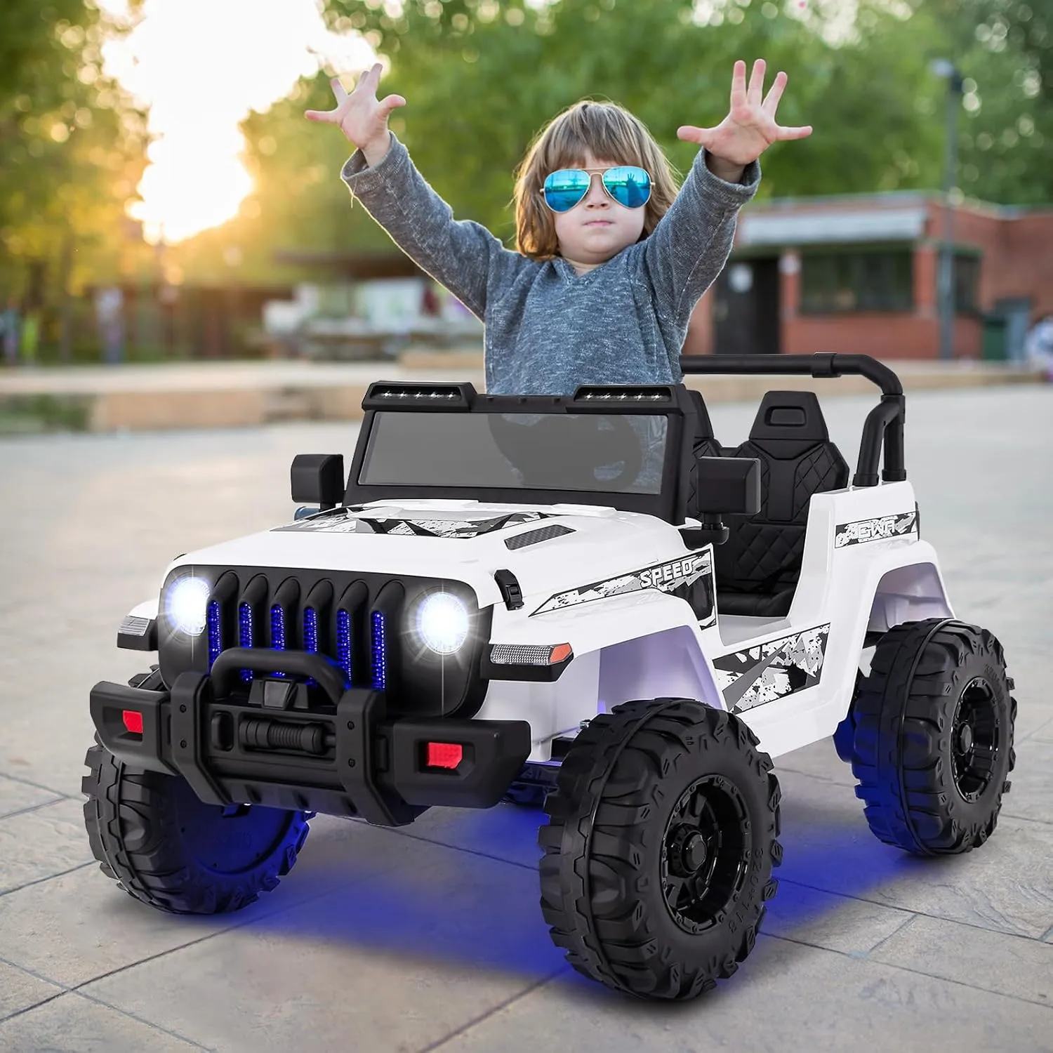 OLAKIDS Kids Ride on Truck, 12V Electric Vehicle with Remote Control, Battery Powered Toddler Car with Music, Horn, 3 Speeds, LED Lights, Bluetooth, USB, Radio (White)