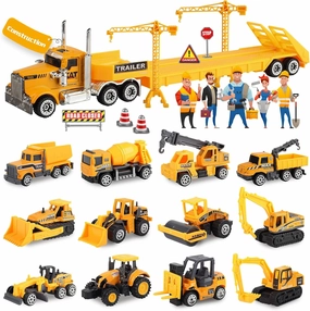 Oriate 28pcs Construction Toys for Kids, 12pcs Mini Diecast Construction Vehicles Toy with Flatbed Transport Trailer, Educational Digger Excavator Bulldozer Forklift Trucks Cake Topper Stickers