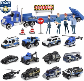 Oriate Diecast Police Rescue City S.W.A.T. Car Toys Set w/Heavy Duty Trailer Patrol, 13PCS Alloy Mini Police Vehicles Transport Trailer, Road Signs and Birthday Cake Topper Stickers for Kids