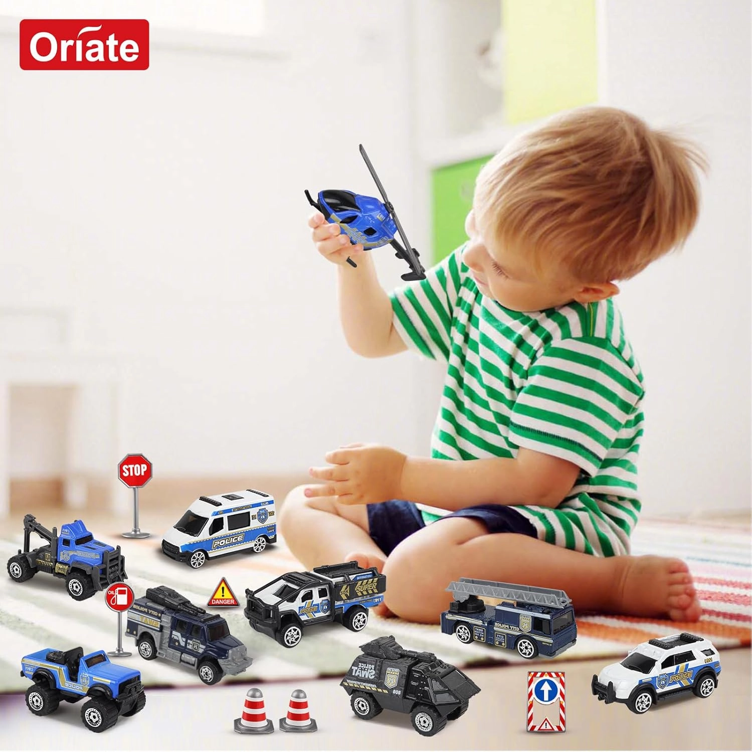 Oriate Diecast Police Rescue City S.W.A.T. Car Toys Set w/Heavy Duty Trailer Patrol, 13PCS Alloy Mini Police Vehicles Transport Trailer, Road Signs and Birthday Cake Topper Stickers for Kids