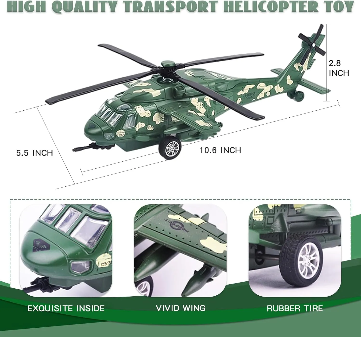 OTONOPI Military Helicopter Toy with Lights and Sounds, Die Cast Metal Airplane Pull Back Army Plane Toys for Kids Children Boys Girl