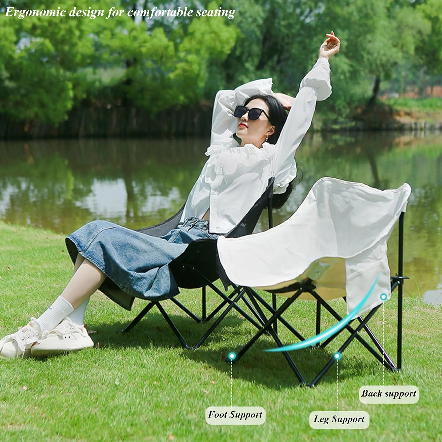 Oversized Folding Camping Chair - Portable Reclining Lounger for Tanning - Carry Bag Included - Heavy Duty Collapsible Chairs for Sports Garden Beach Fishing, Yellow