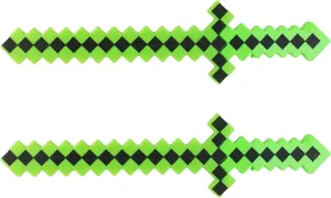 Pack of 2 Color Led Flashing & Sound Light Up Classic Diamond Pixel 8 Bit Toy Swords, Green, 24 Inches