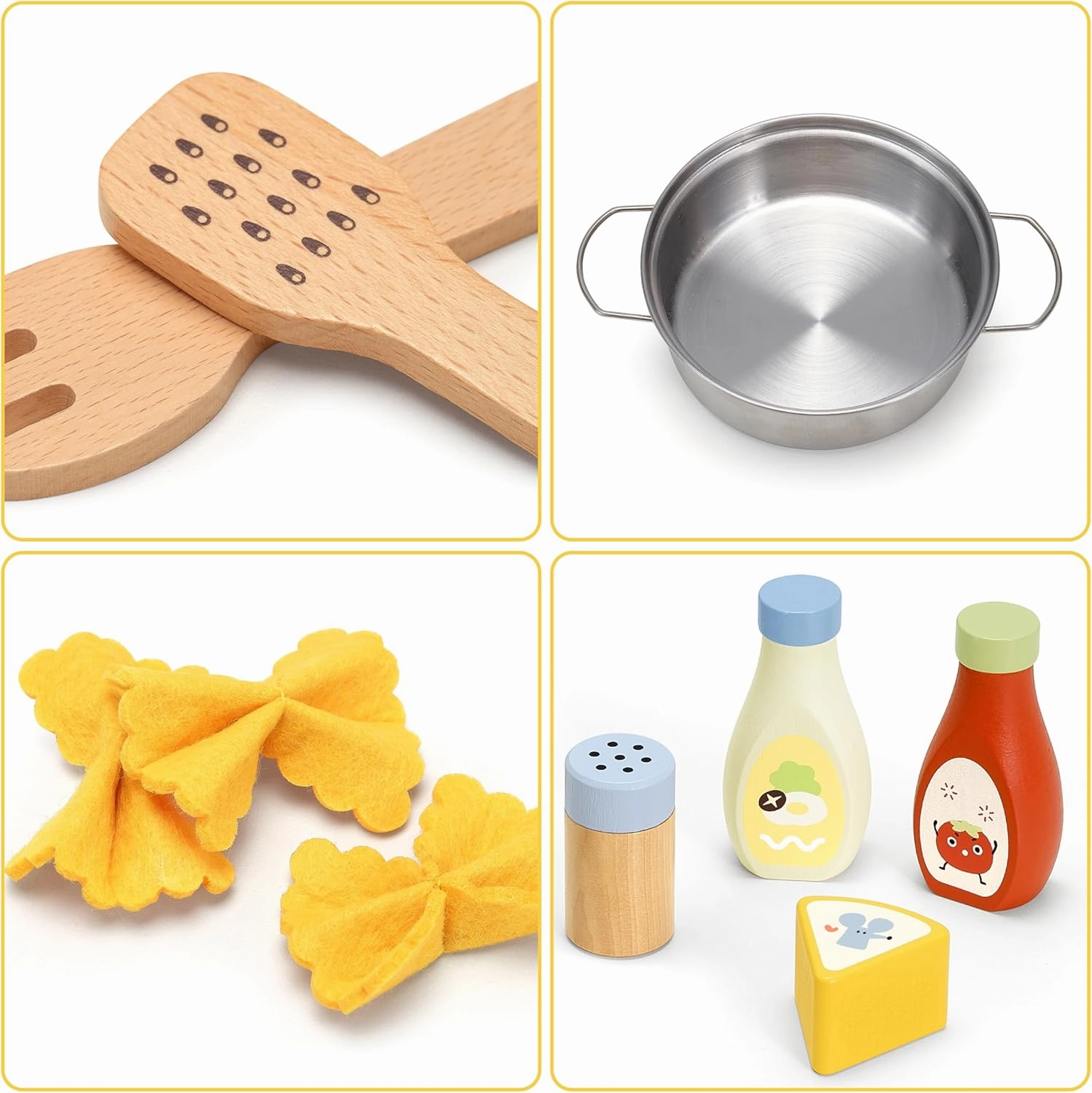 Pasta Food Toys, Wooden Play Kitchen Food , Play Food with Pots and Pans Playset, Kids Pretend Play Kitchen Accessories Toys Set for Girls Boys 3 Years Old