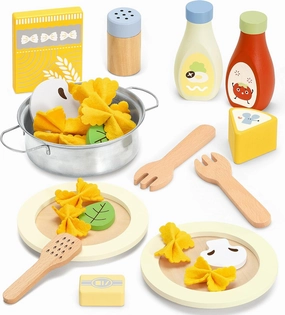 Pasta Food Toys, Wooden Play Kitchen Food , Play Food with Pots and Pans Playset, Kids Pretend Play Kitchen Accessories Toys Set for Girls Boys 3 Years Old