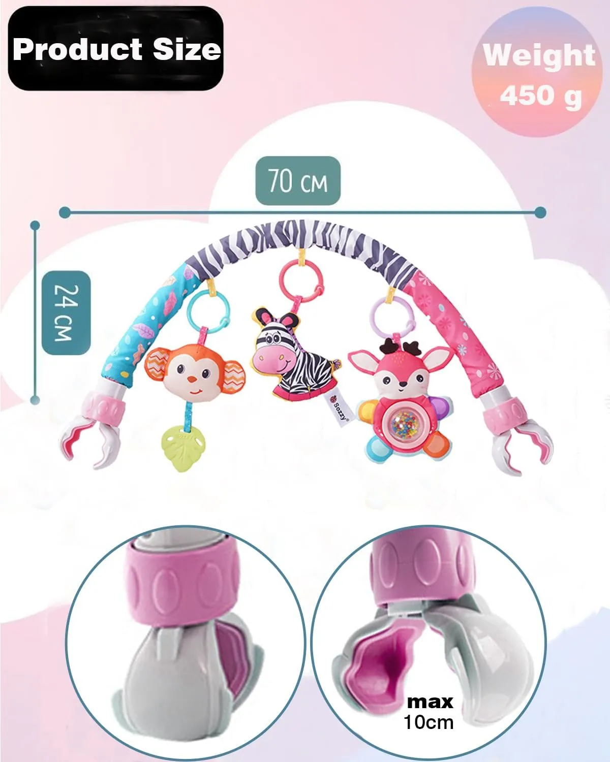 PauHami1ton Car Seat & Stroller Toy Bar/Mobile, Adjustable Hanging Toys for Crib/S-19(Pink Zebra)
