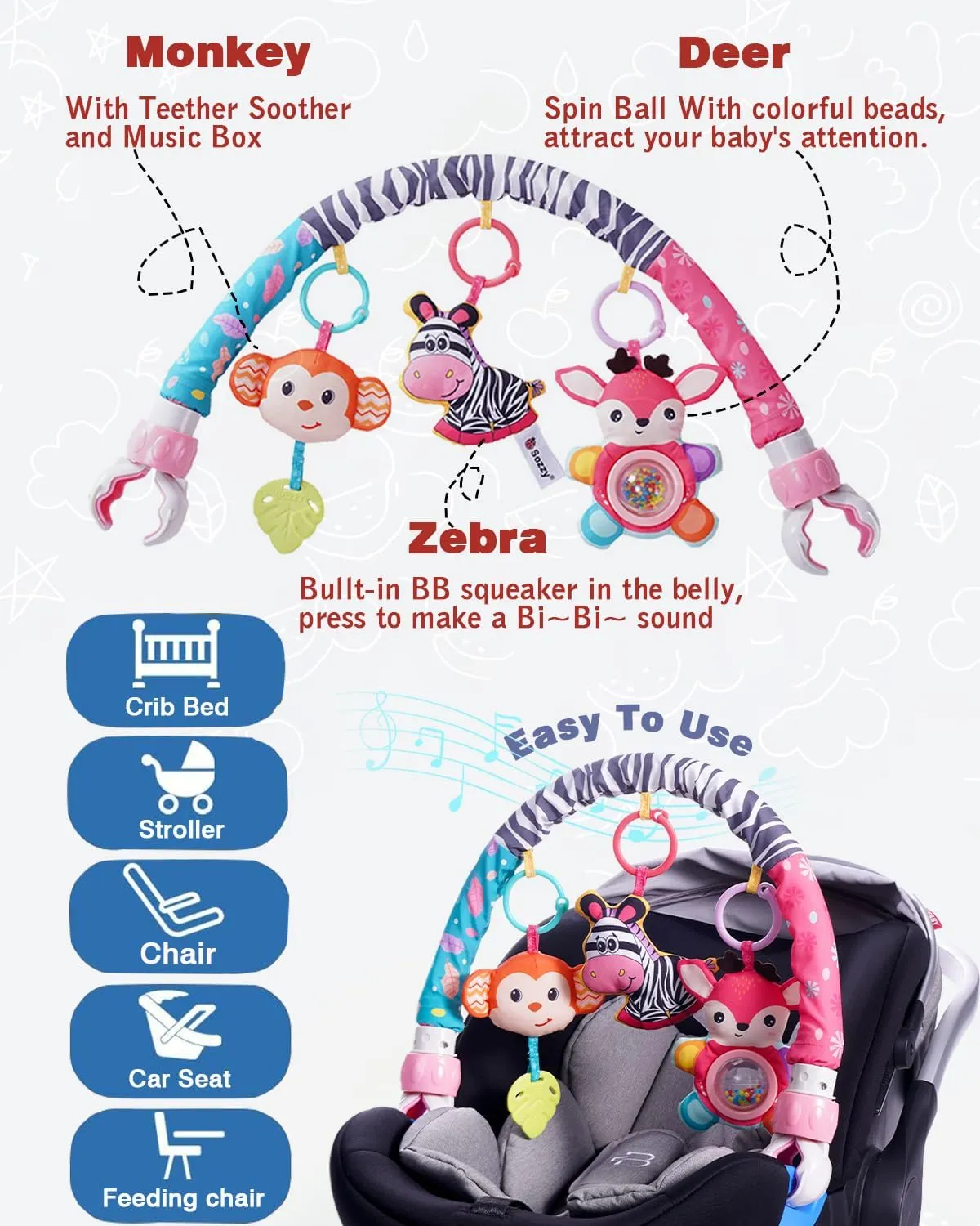 PauHami1ton Car Seat & Stroller Toy Bar/Mobile, Adjustable Hanging Toys for Crib/S-19(Pink Zebra)
