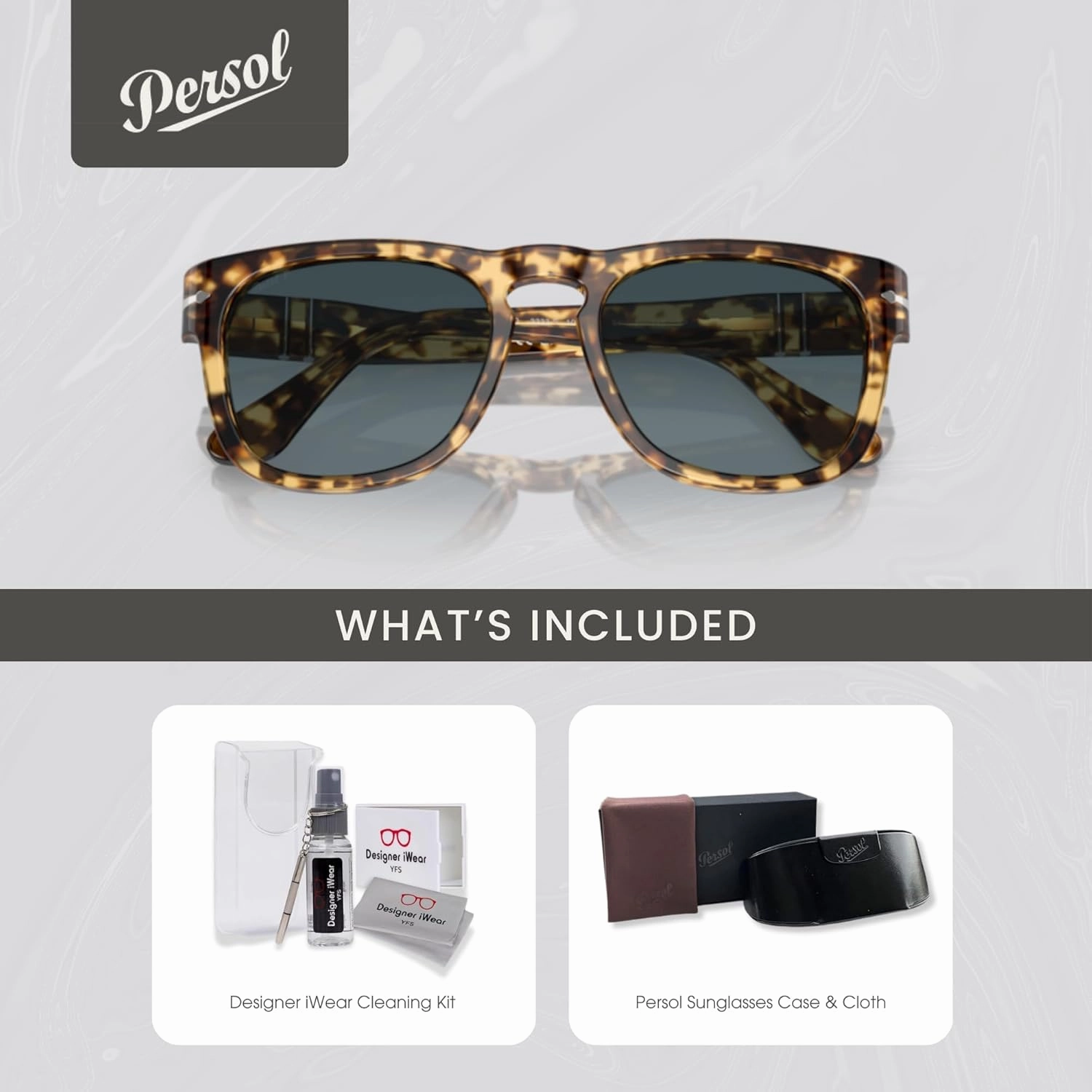 Persol Elio PO3333S Square Sunglasses for Men for Women   BUNDLE With Designer iWear Complimentary Eyewear Kit