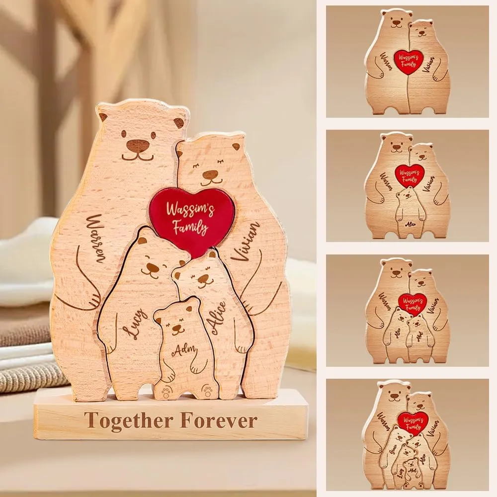 Personalized Wooden Cute Bear Puzzle with 2-6 Family Name, We are Custom Family Member Names Puzzle Home Gifts, Ideal Gift for Mother's Day, Father’s Day, House Warming Decor, Unique Gift for Mom&Dad
