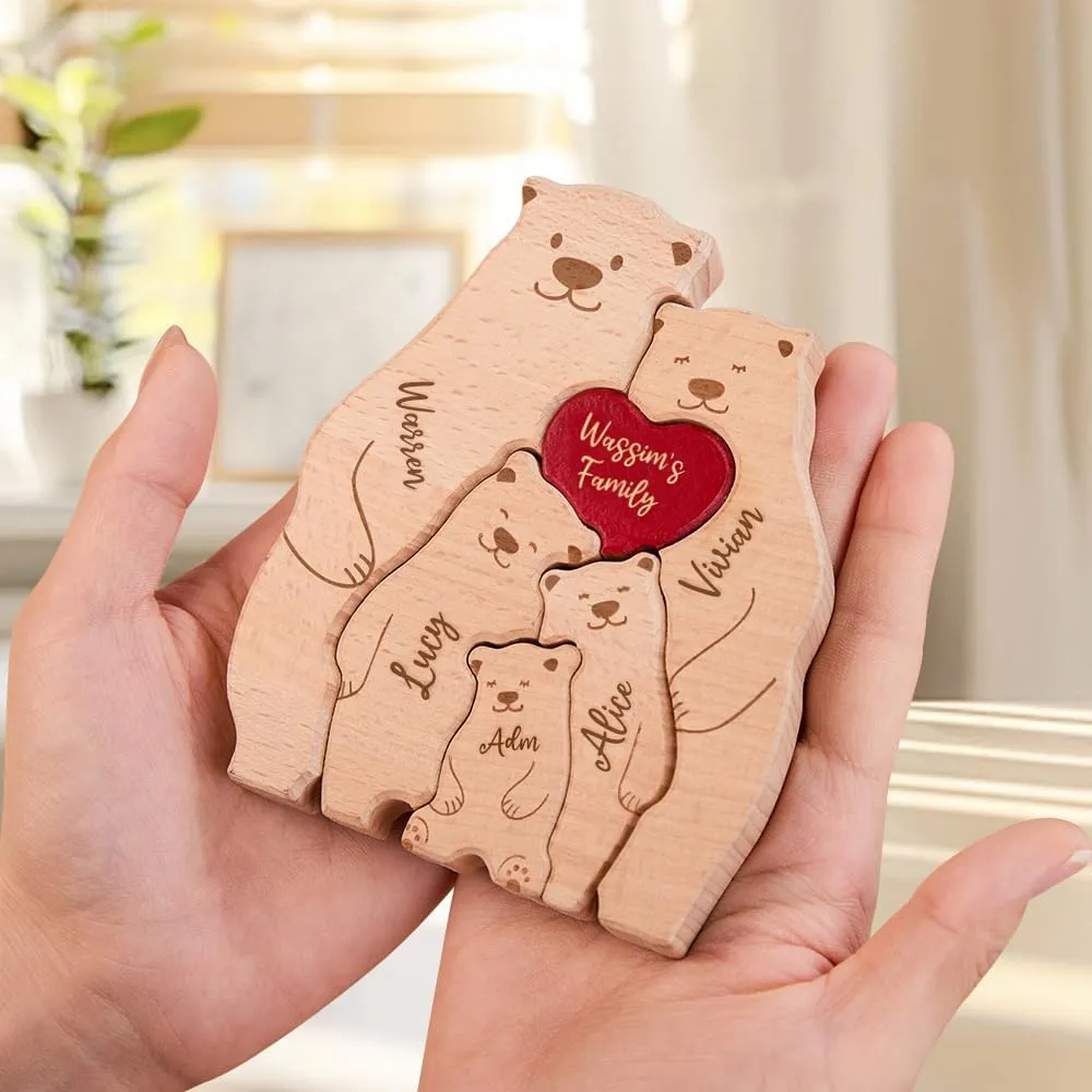 Personalized Wooden Cute Bear Puzzle with 2-6 Family Name, We are Custom Family Member Names Puzzle Home Gifts, Ideal Gift for Mother's Day, Father’s Day, House Warming Decor, Unique Gift for Mom&Dad