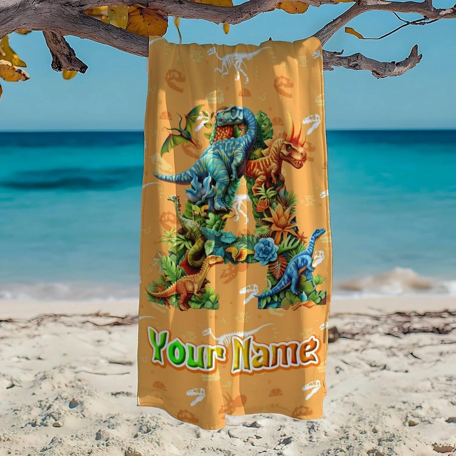 Personalized Beach Towels, Dinosaur Towel, Initial Gifts for Boys, Sandproof, Microfiber, Custom Kids Beach Essentials with Name (2 Sizes)