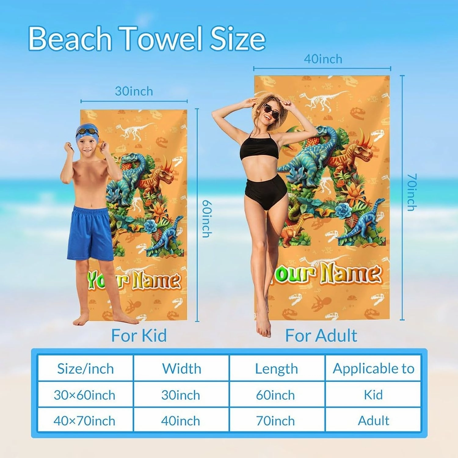 Personalized Beach Towels, Dinosaur Towel, Initial Gifts for Boys, Sandproof, Microfiber, Custom Kids Beach Essentials with Name (2 Sizes)