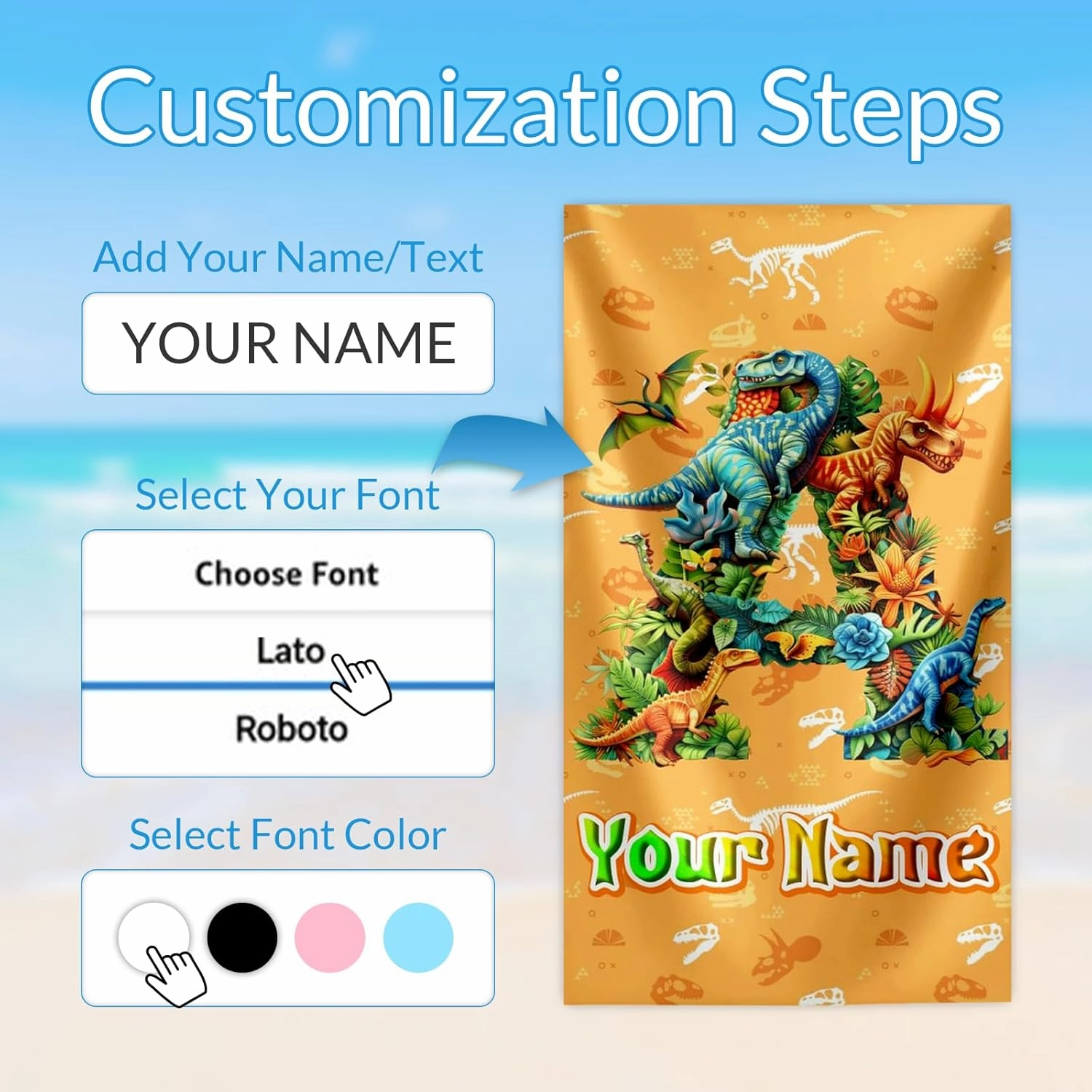 Personalized Beach Towels, Dinosaur Towel, Initial Gifts for Boys, Sandproof, Microfiber, Custom Kids Beach Essentials with Name (2 Sizes)