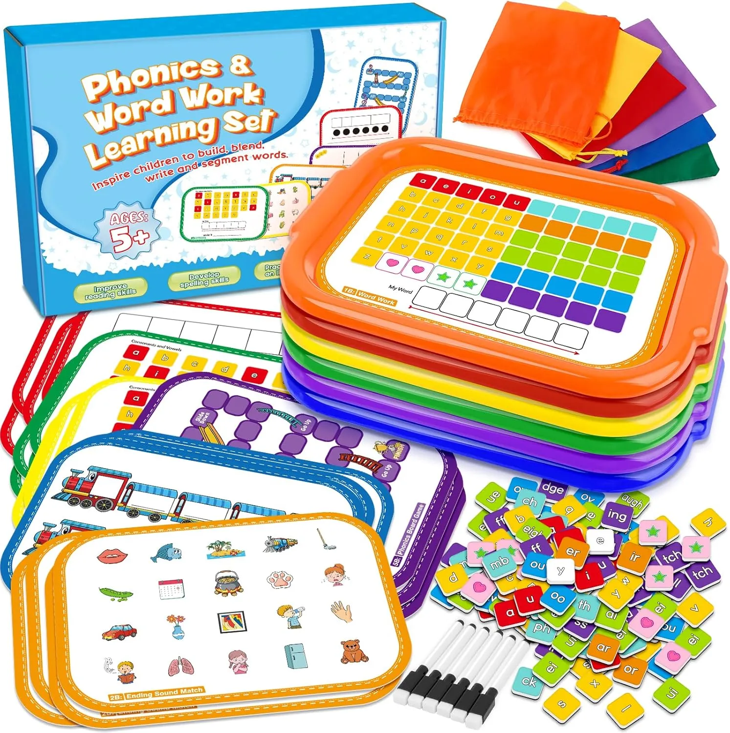 Phonics Magnetic Tray Letter Tiles for Kids, Phonemic Awareness Science of Reading Manipulatives Sight Words CVC Blends & Digraphs, Toddler Learn to Read Spelling Rhyming Kindergarten Classroom