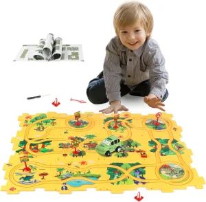 Plastic Dinosaur Puzzles for Kids with A Cute Car, Montessori Toys for 2 3 4 5 6 Year Old Boys, Race Tracks for Kids 3-5, Toddler Puzzle Track Play Set, Gifts for 2 3 4 5 6 Year Old Boys Toys