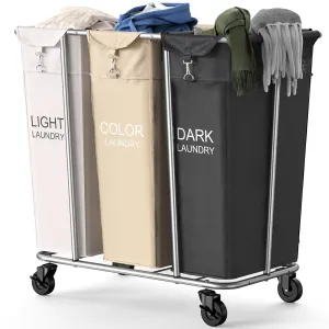 PLKOW Laundry Sorter 3 Section, 220L Large Laundry Cart with Wheels 3 Hamper Laundry Sorter with Steel Frame and Removable Bag