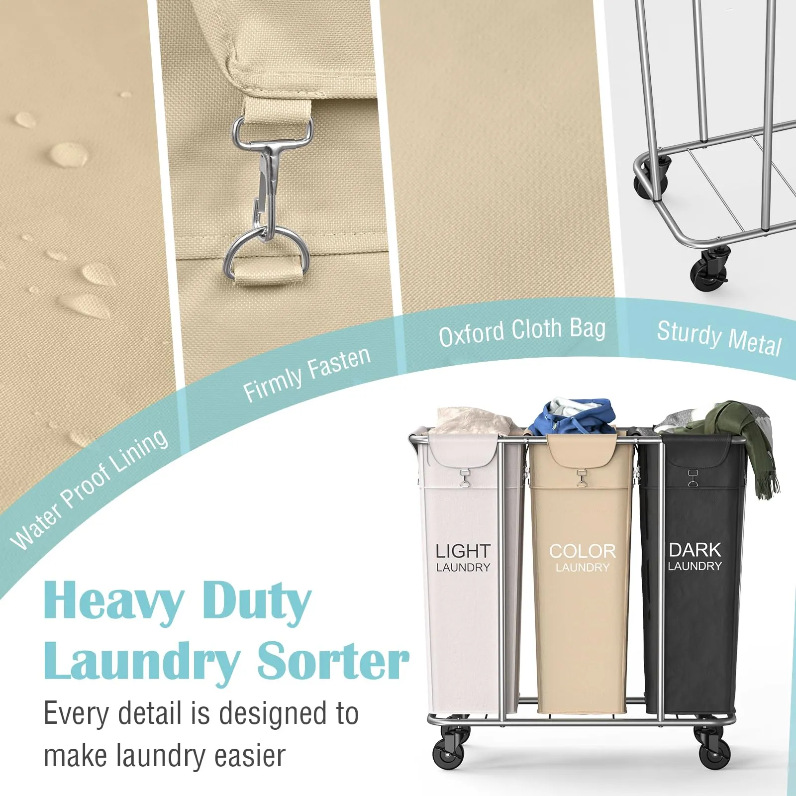 PLKOW Laundry Sorter 3 Section, 220L Large Laundry Cart with Wheels 3 Hamper Laundry Sorter with Steel Frame and Removable Bag