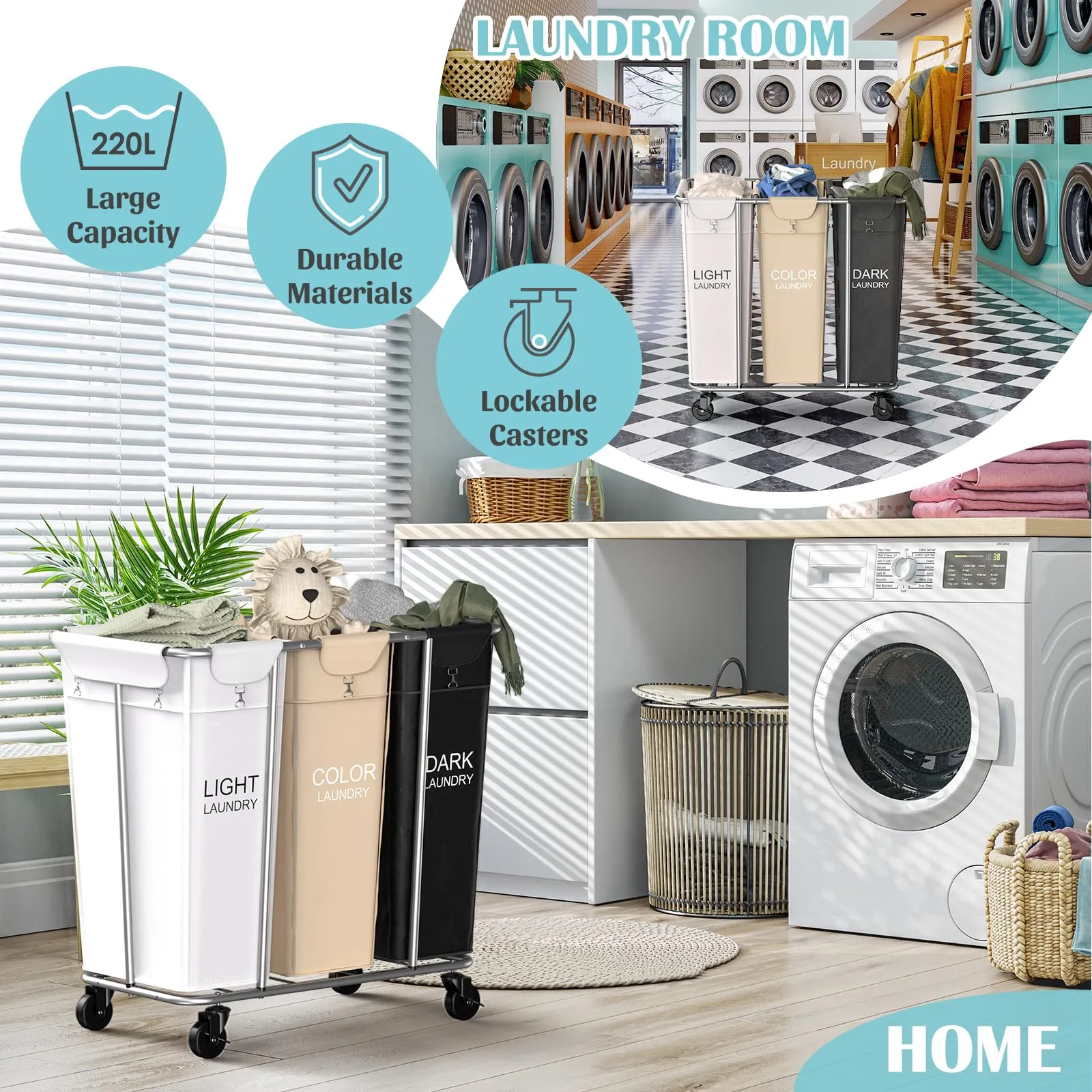 PLKOW Laundry Sorter 3 Section, 220L Large Laundry Cart with Wheels 3 Hamper Laundry Sorter with Steel Frame and Removable Bag