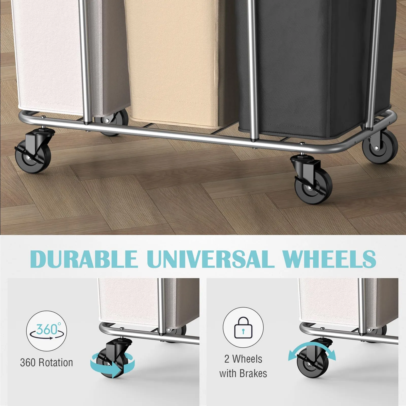 PLKOW Laundry Sorter 3 Section, 220L Large Laundry Cart with Wheels 3 Hamper Laundry Sorter with Steel Frame and Removable Bag