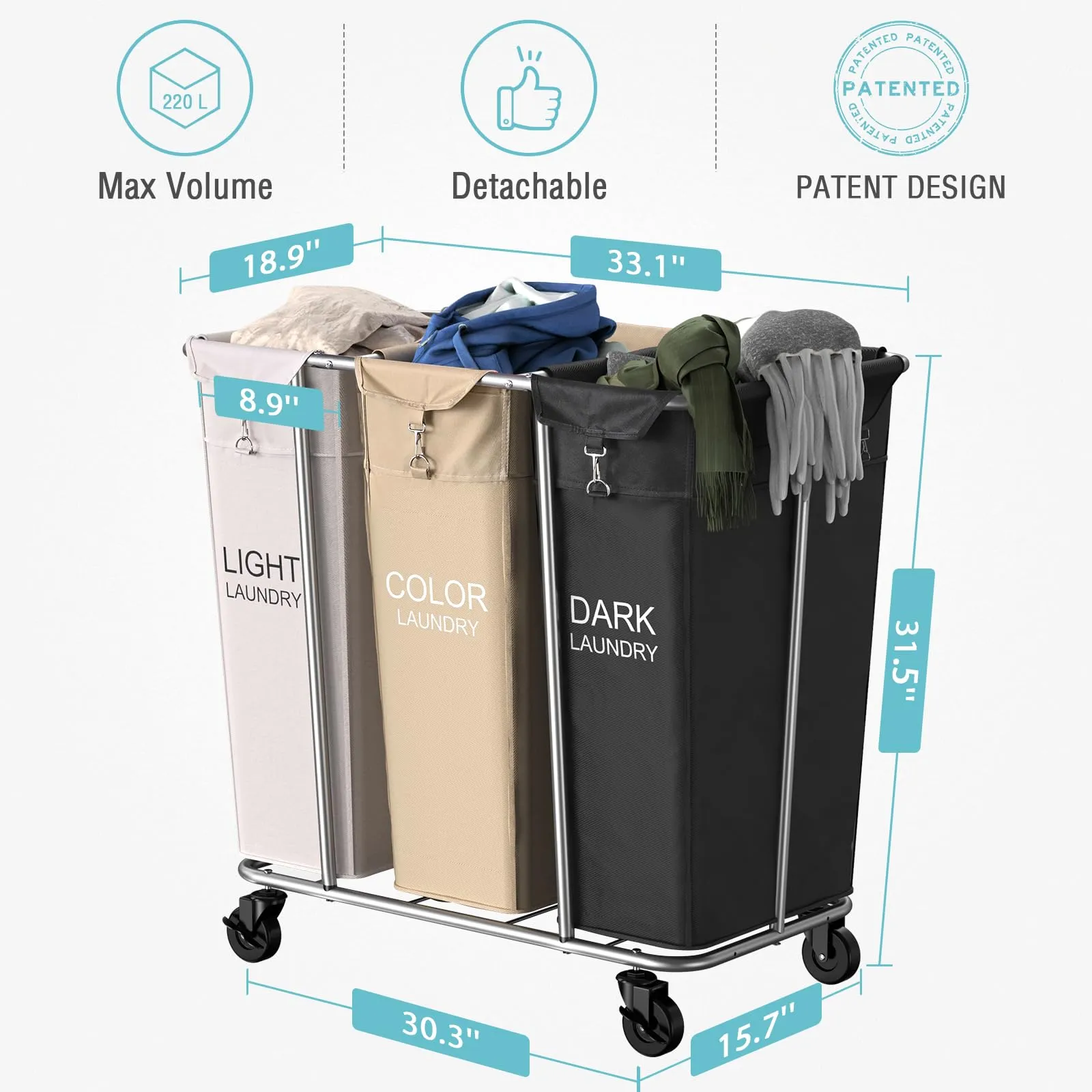 PLKOW Laundry Sorter 3 Section, 220L Large Laundry Cart with Wheels 3 Hamper Laundry Sorter with Steel Frame and Removable Bag