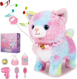 Plush Interactive Toy Cat for Kids, with Leash Walking, Meowing, Touch Control, and Wags Tail Plush Toy Kitty Electronic Cat Pet, Best Gift for Girl Kid (Colorful)