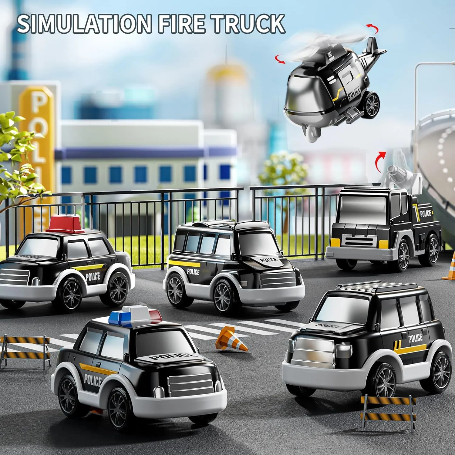 Police Truck Toy for 3-9 Years Old Boys & Girls - 7 in 1 Black Carrier Vehicle Set with 5 Toy Cars & 1 Helicopter, Friction Powered Car for Kids Age 1-3, Birthday Gifts for Toddlers 3-5