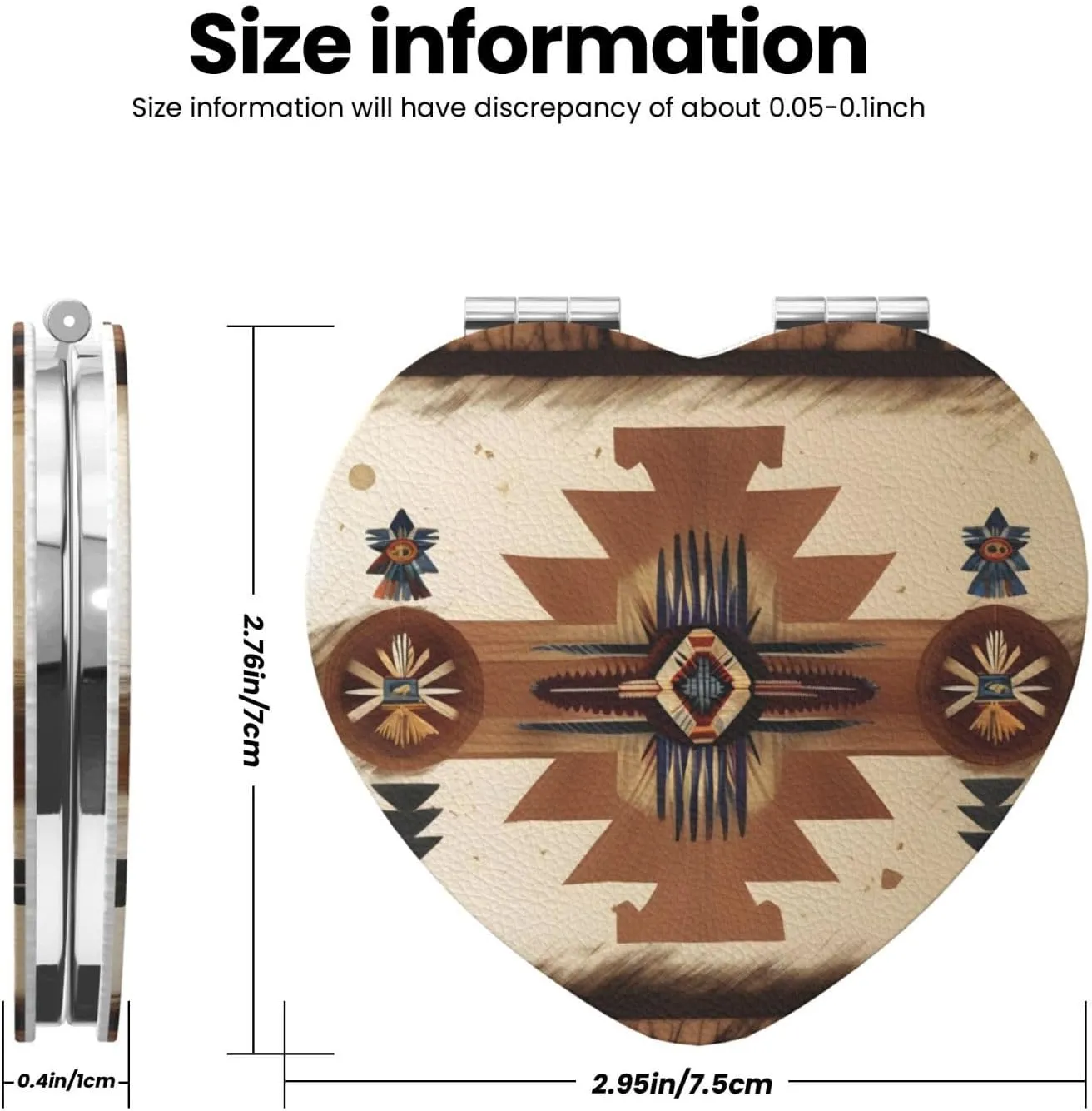 Portable Pocket Makeup Mirror Native American Patterns Travel Cosmetic Mirror Heart Shape Print Magnifying Compact Mirror for Eyelash