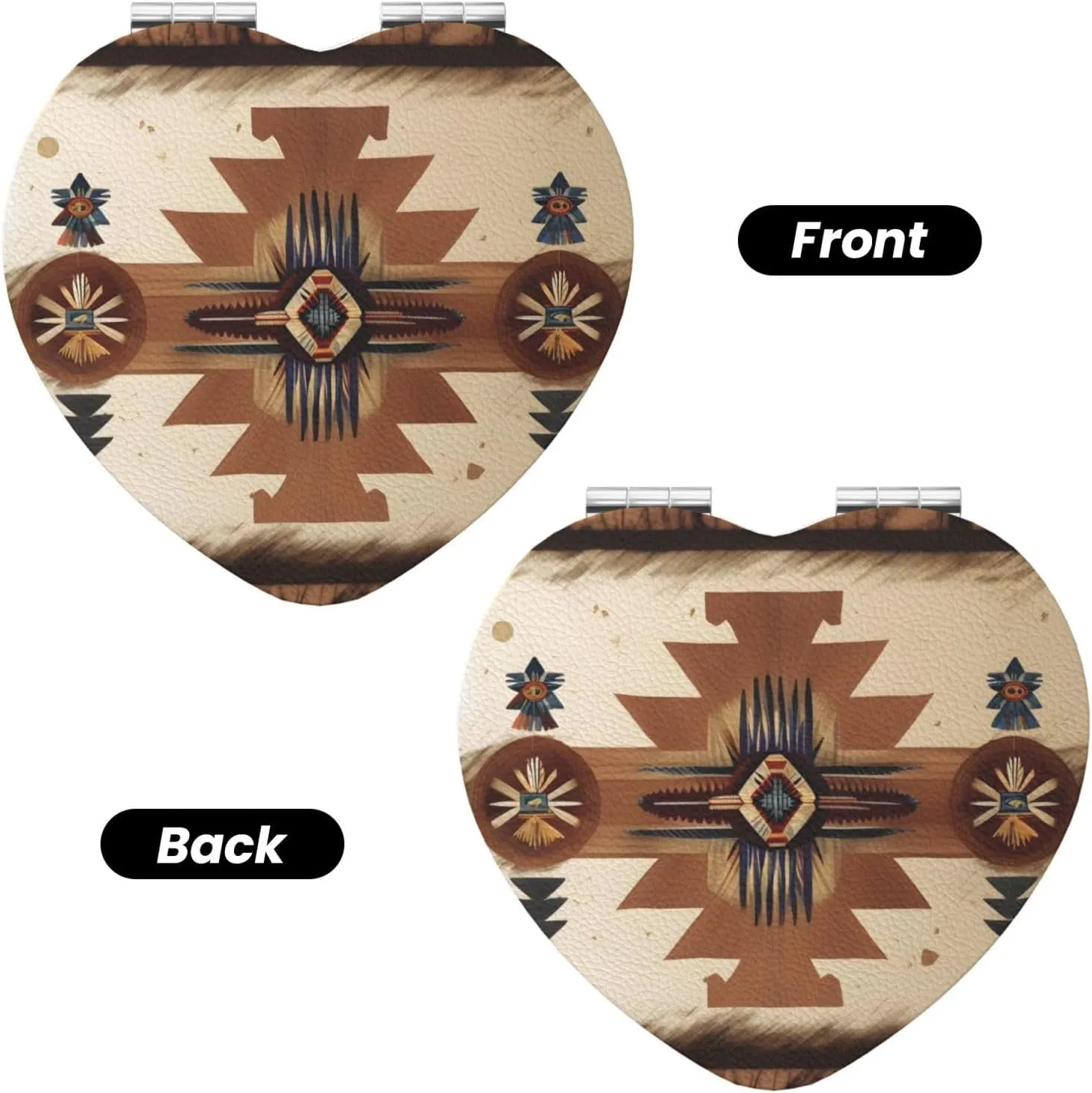 Portable Pocket Makeup Mirror Native American Patterns Travel Cosmetic Mirror Heart Shape Print Magnifying Compact Mirror for Eyelash