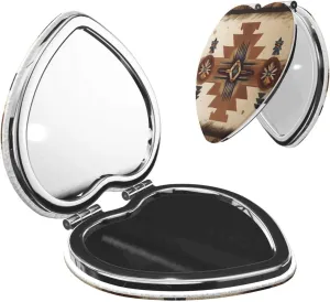Portable Pocket Makeup Mirror Native American Patterns Travel Cosmetic Mirror Heart Shape Print Magnifying Compact Mirror for Eyelash