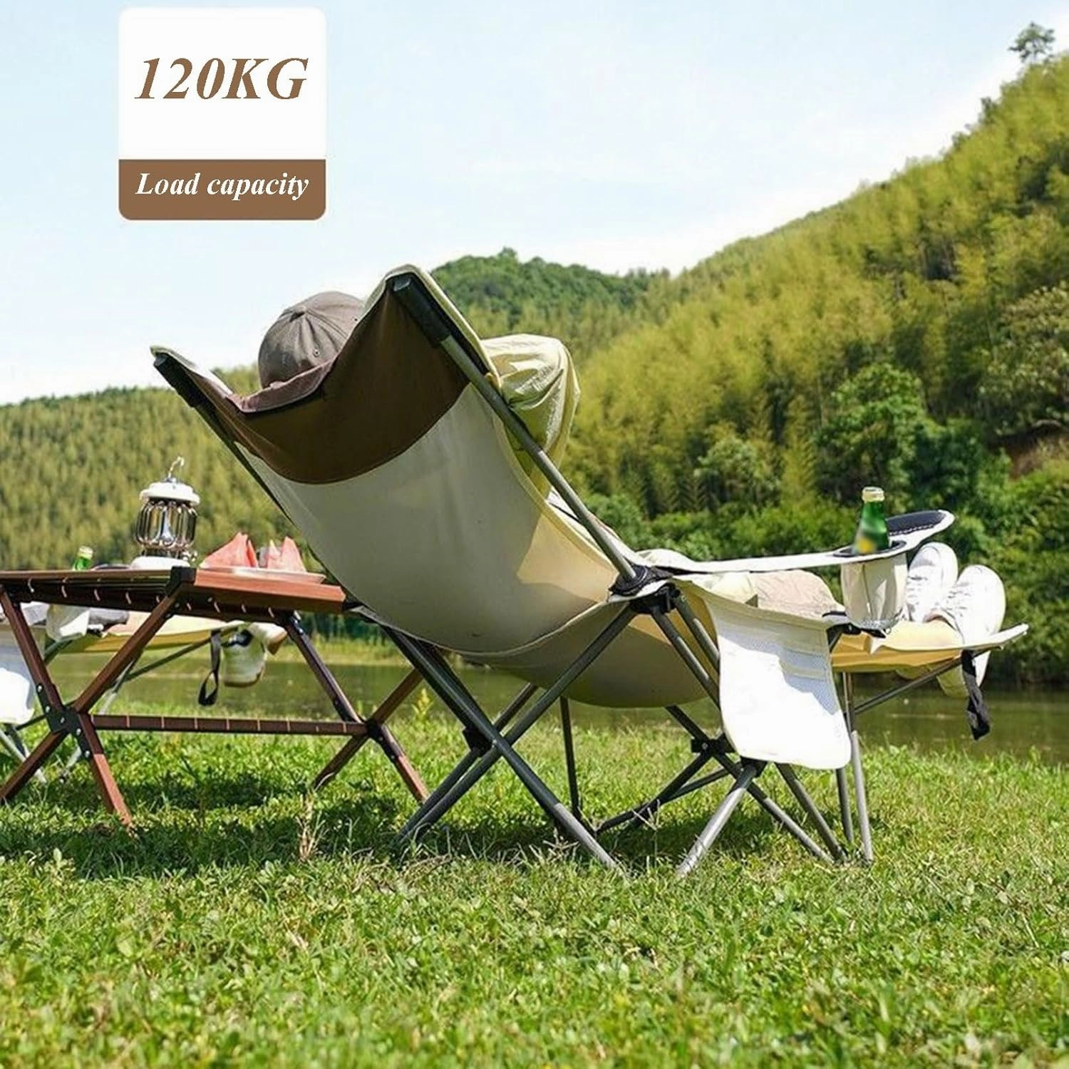 Portable Beach Chair, Folding Lounge Chair, Heavy Duty Lay Flat Tanning Chair with High Backrest, Headrest, Side Pocket and Cup Holder, Lightweight Comfortable Outdoor Chair, Beige