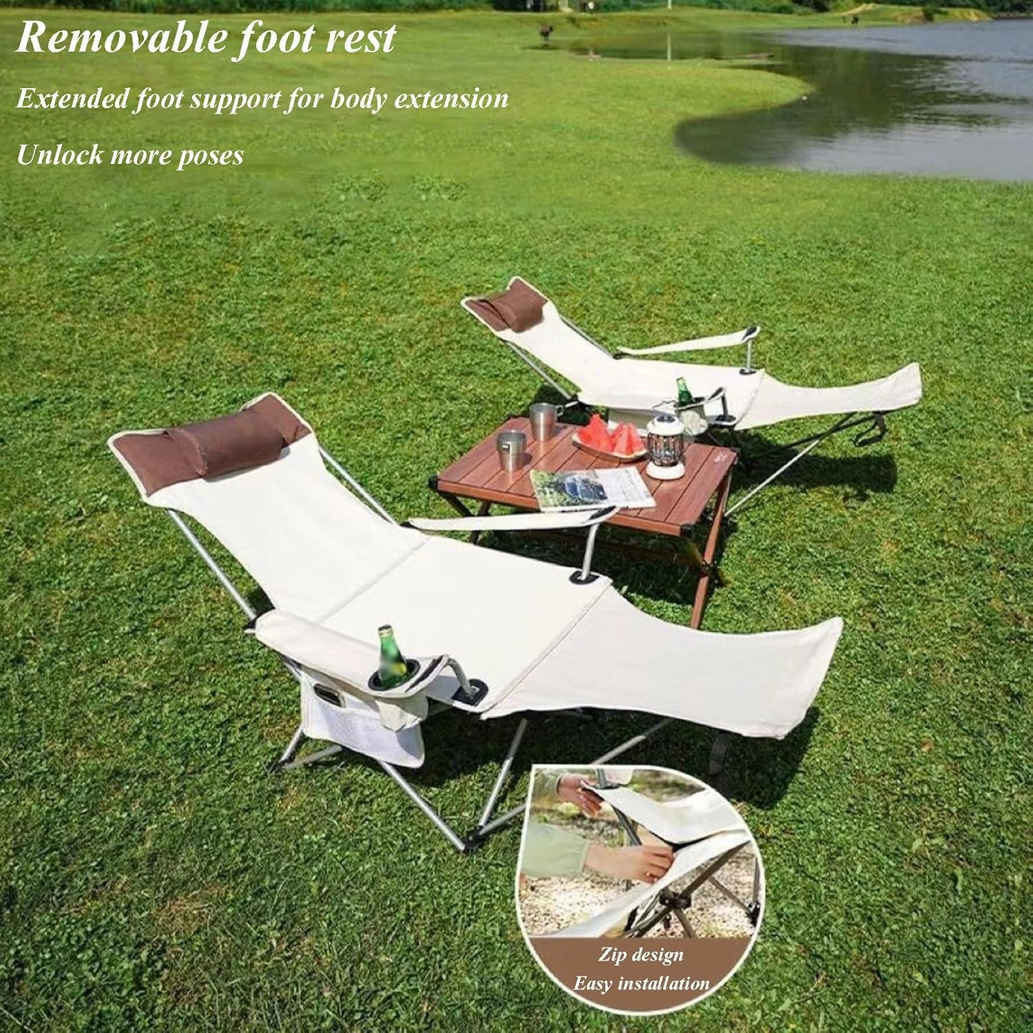 Portable Beach Chair, Folding Lounge Chair, Heavy Duty Lay Flat Tanning Chair with High Backrest, Headrest, Side Pocket and Cup Holder, Lightweight Comfortable Outdoor Chair, Beige